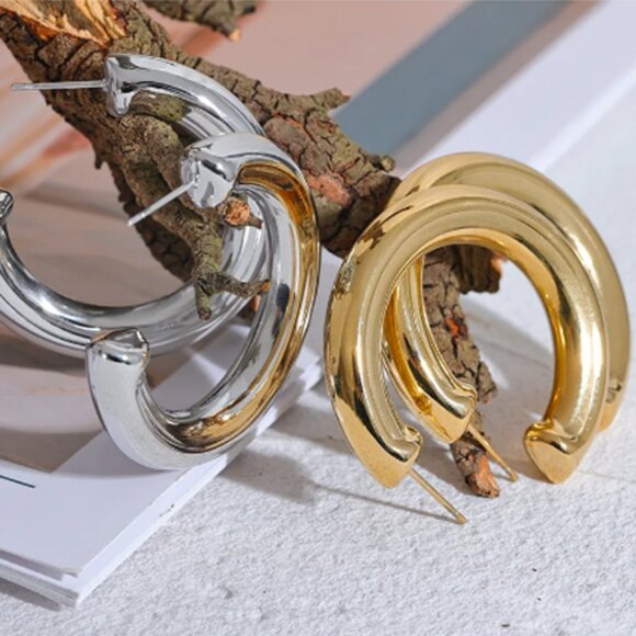 Stainless Steel C Shape Round Circle Hollow Earrings Women 18k Real Gold… - Picture 4 of 4